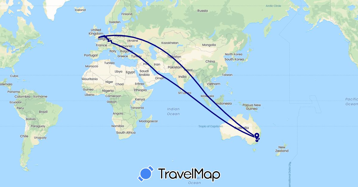 TravelMap itinerary: driving in United Arab Emirates, Australia, Germany, United Kingdom, Malaysia, Netherlands (Asia, Europe, Oceania)